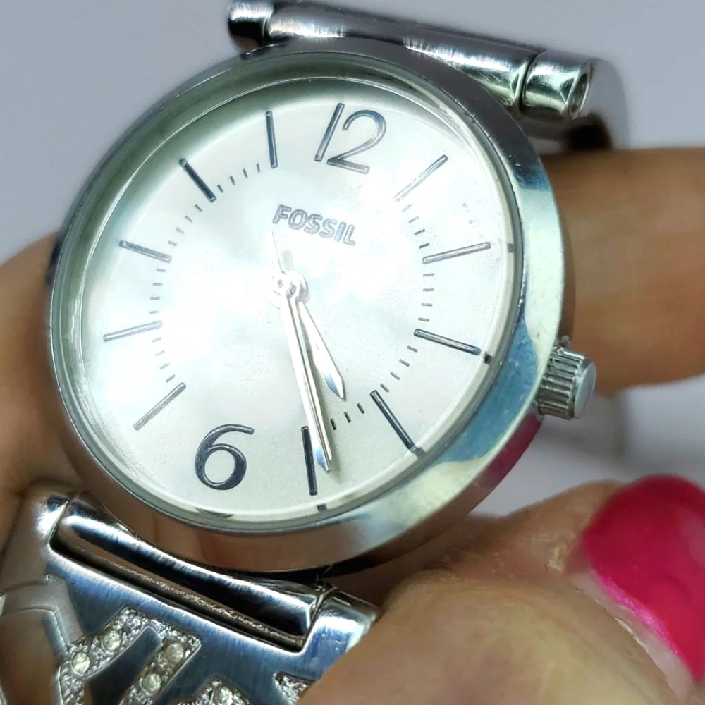 Fossil Blue ES2763 Silver Steel Bangle Floral Pave Wristband White Face